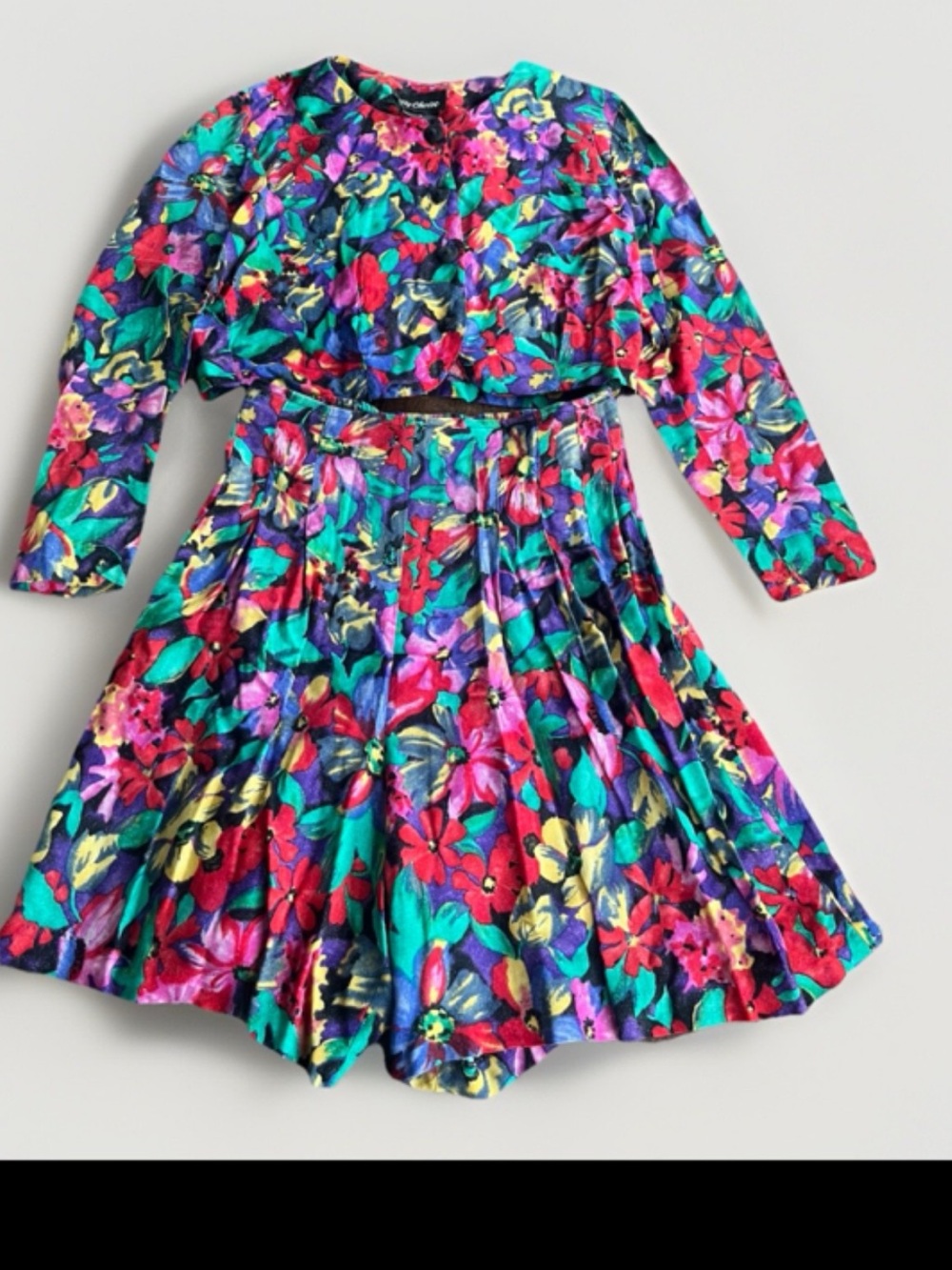 Vintage 90s Floral Set M Watercolor Garden Party Rayon Crop Top Skort Maximalist